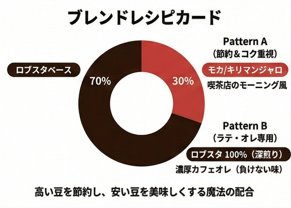 Pattern A (節約＆コク重視): ロブスタベース 70% + モカ/キリマンジャロ 30% = 「喫茶店のモーニング風」
Pattern B (ラテ・オレ専用): ロブスタ 100%（深煎り） + 牛乳 = 「濃厚カフェオレ（負けない味）」
キャッチコピー: 「高い豆を節約し、安い豆を美味しくする魔法の配合」