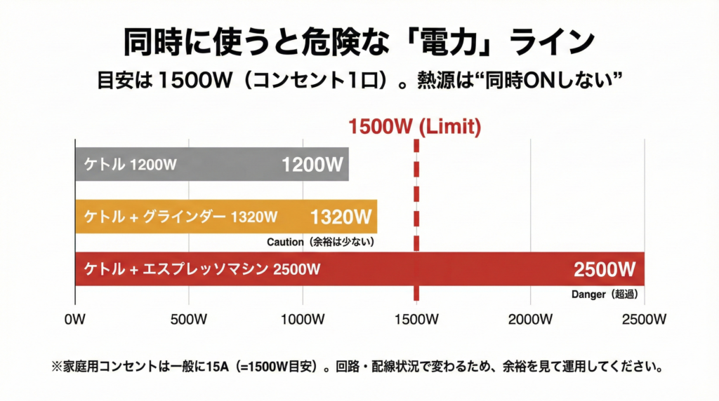 同時に使うと危険な「電力」ライン
「1500Wラインを超える組み合わせはNG」を一瞬で理解し、ブレーカー落ちを防ぐ。