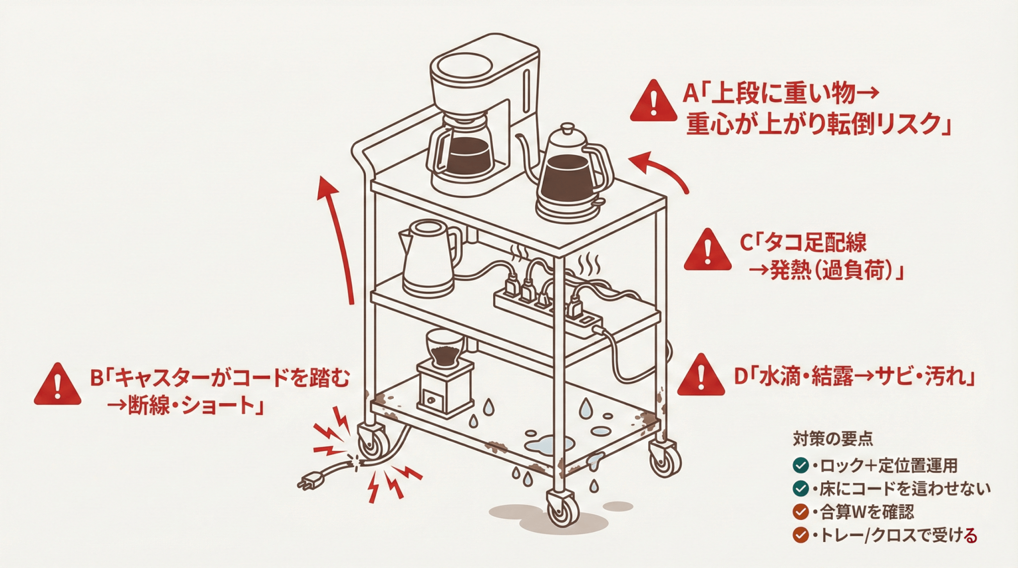 危険ポイントを4つ、赤い「！」マークと短いラベルで示す：
A「上段に重い物→重心が上がり転倒リスク」
B「キャスターがコードを踏む→断線・ショート」
C「タコ足配線→発熱（過負荷）」
D「水滴・結露→サビ・汚れ」

右下に小さく対策の要点を4行で添える（日本語、短く）：
「ロック＋定位置運用」「床にコードを這わせない」「合算Wを確認」「トレー/クロスで受ける」
