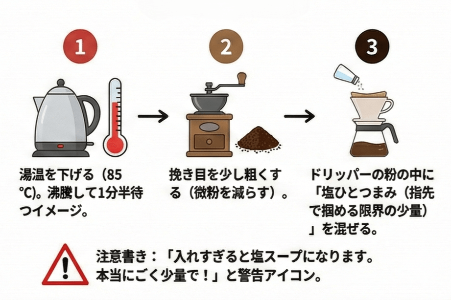 塩一つまみレシピステップ図解
Step 1: 湯温を下げる（85℃）。沸騰して1分半待つイメージ。
Step 2: 挽き目を少し粗くする（微粉を減らす）。

Step 3: ドリッパーの粉の中に「塩ひとつまみ（指先で掴める限界の少量）」を混ぜる。
注意書き: 「入れすぎると塩スープになります。本当にごく少量で！」と警告アイコン。