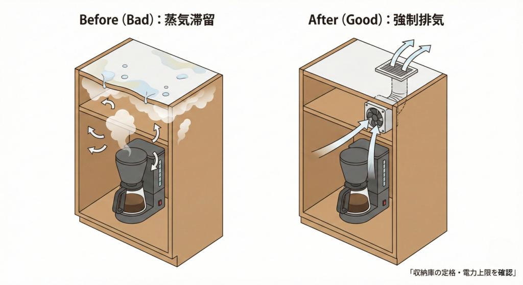 「収納庫の定格消費電力・電力上限を必ず確認」

「蒸気がこもるなら：換気／上方クリアランス／排気（上位解）」