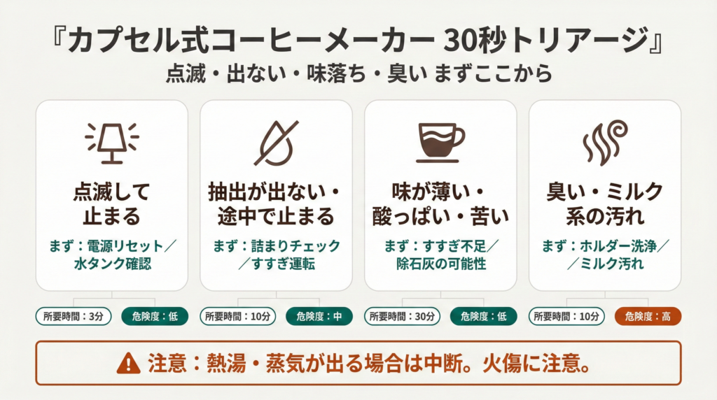 カプセル式の不調を4分類（点滅／出ない／味が悪い／臭い・漏れ）し、最短の対処ページへ誘導するトリアージ図。