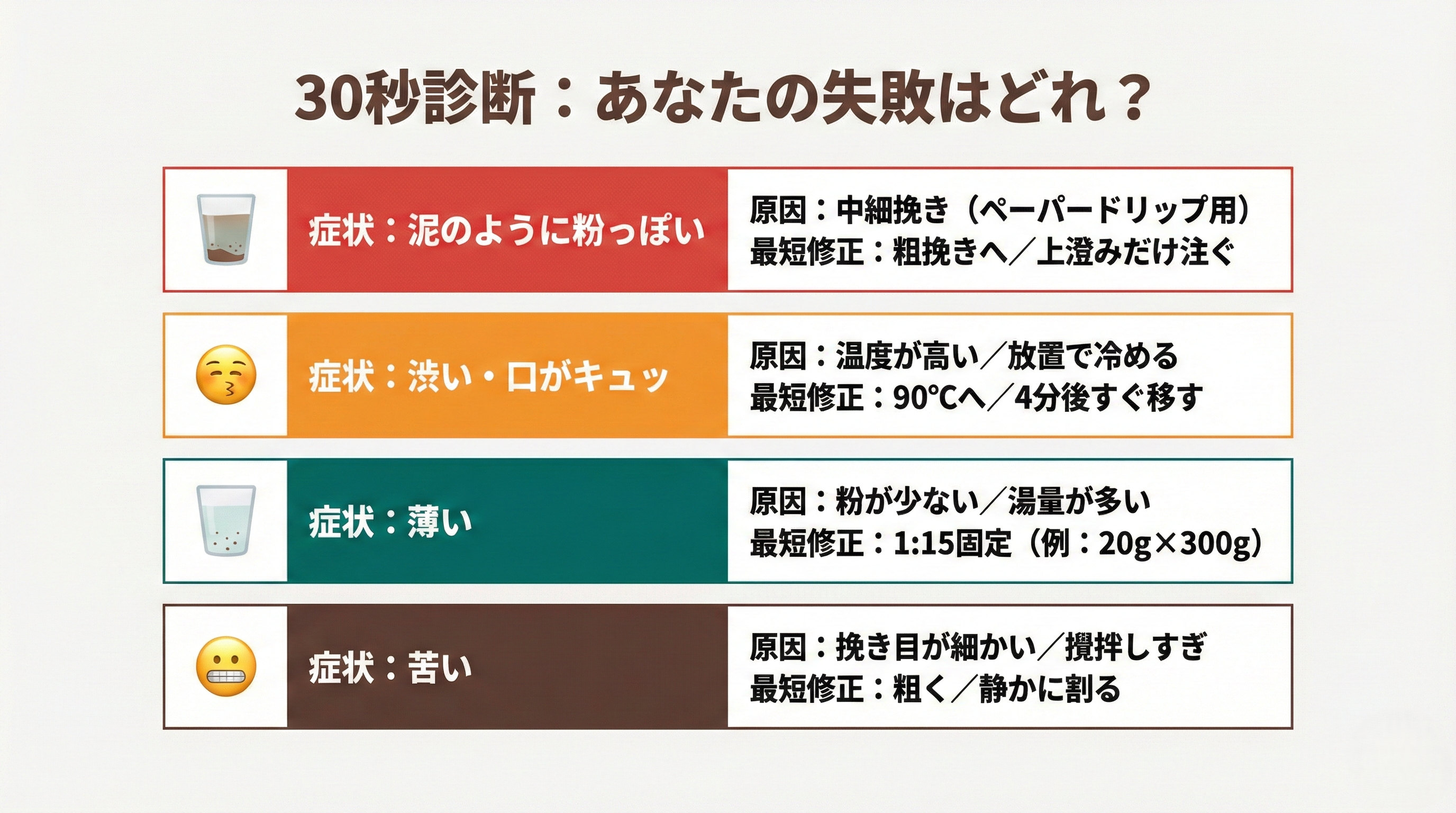 フレンチプレスの失敗を30秒で診断する図。粉っぽい／渋い／薄い／苦いの症状別に、原因と最短の修正（粗挽き、90℃、攪拌減、比率1:15）を示す。