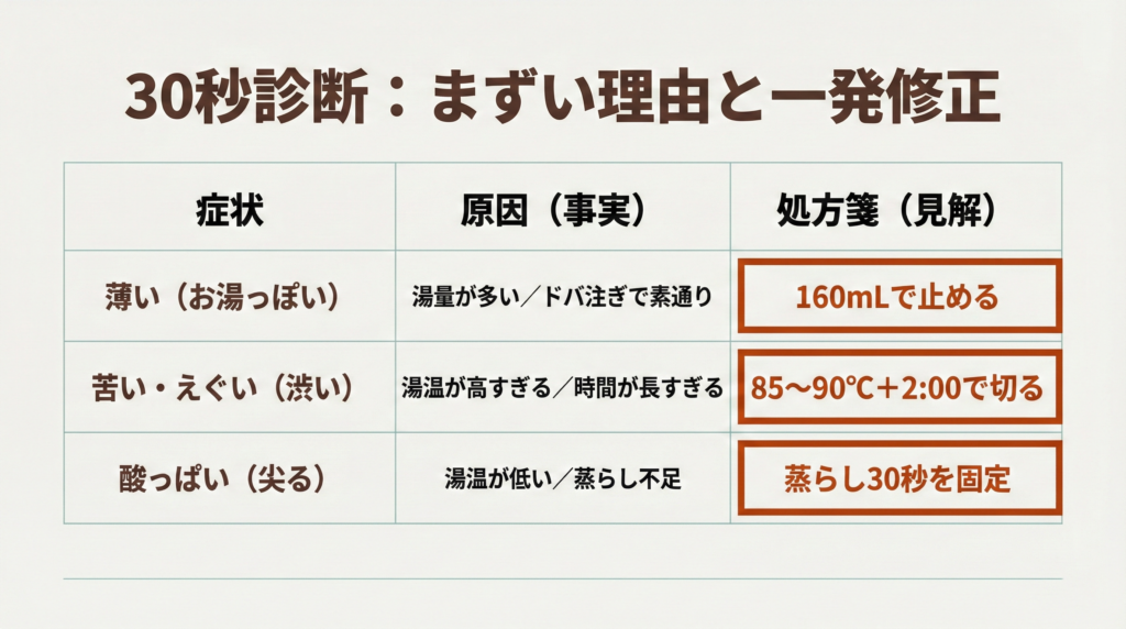 ドリップバッグの味の悩み30秒診断表。薄い／苦い・えぐい／酸っぱいの3症状に対し、原因（湯量過多・高温・蒸らし不足など）と一発修正（160mLで止める、85〜90℃＋2分、蒸らし30秒）を対応づける。