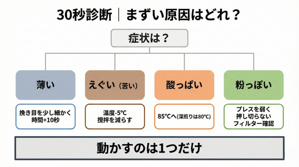 「薄い・えぐい(苦い)・酸っぱい・粉っぽい」の症状別に、動かすレバーを1つに絞る30秒診断の分岐図。