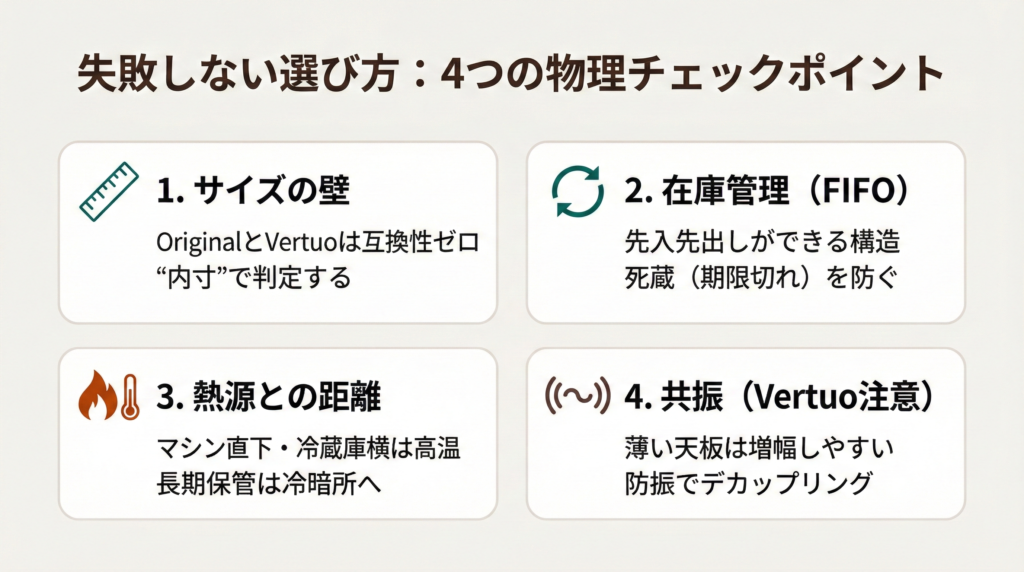失敗しないための4チェック：①サイズ互換（OriginalとVertuo）②先入れ先出し（FIFO）③熱源から距離④共振（Vertuoの振動増幅）。