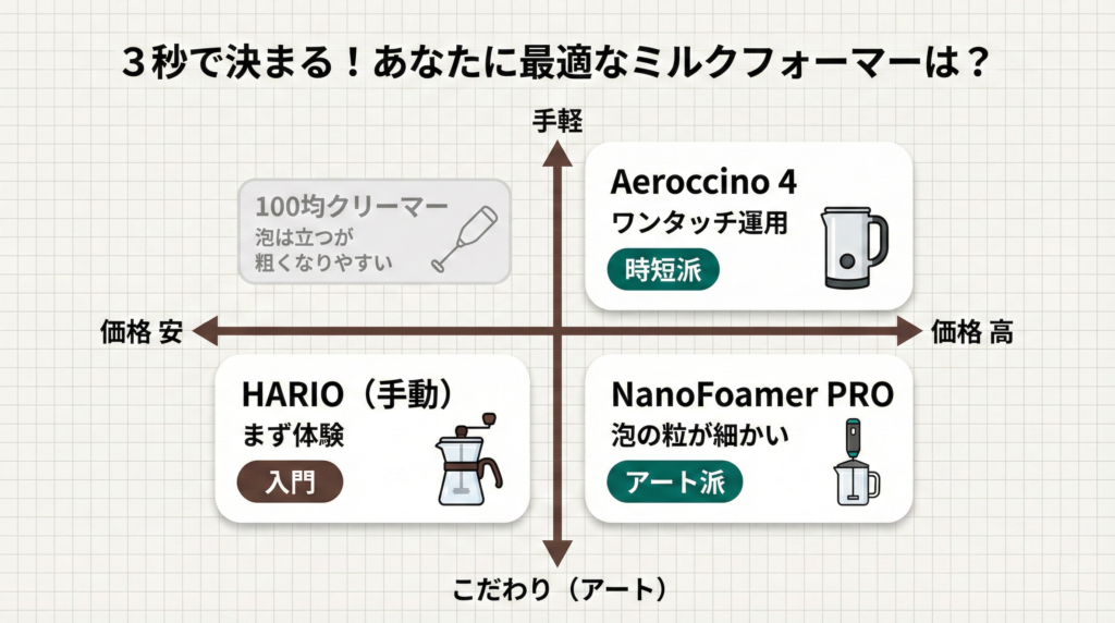読者の選択を強制的に短縮してCVを上げる。
- 縦軸：手軽 ←→ こだわり（アート）
- 横軸：価格 安 ←→ 高