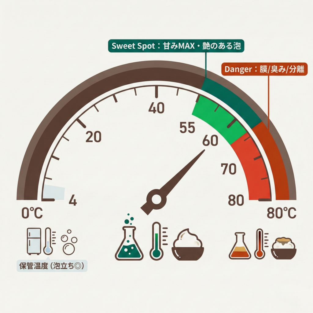 ミルクの温度帯を示すメーター図。55〜65℃が甘みと泡が安定する推奨ゾーン、70℃以上は分離や臭みの注意ゾーン