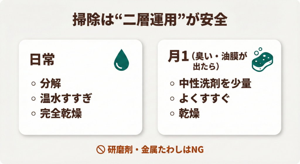 掃除は二層運用：日常は分解→温水すすぎ→乾燥、月1は少量洗剤→すすぐ→乾燥。