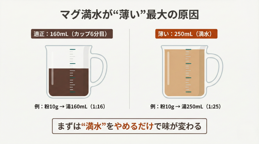 ドリップバッグが薄くなる原因の比較図。左は適正の160mL（カップ6分目、粉10g→湯160mLで1:16）、右は薄い250mL（満水、粉10g→湯250mLで1:25）を並べて示す。