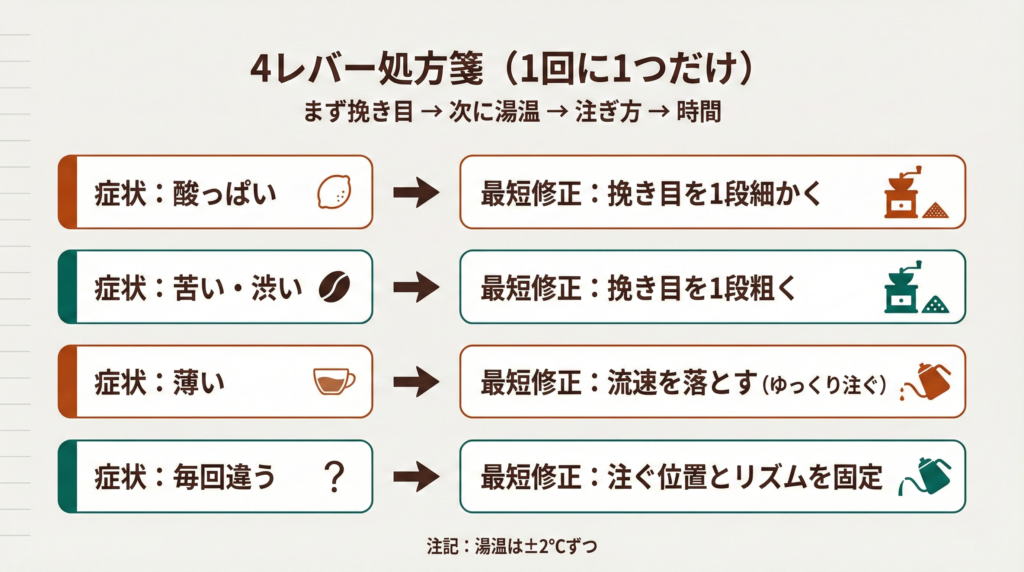 症状別の最短修正表。酸っぱい→挽き目を細かく、苦い・渋い→粗く、薄い→流速を落とす、毎回違う→注ぐ位置とリズム固定。湯温は±2℃ずつ。