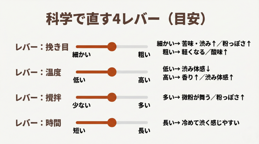 味を調整する4レバーの一覧。挽き目（細⇔粗）、温度（低⇔高）、攪拌（少⇔多）、時間（短⇔長）を動かす方向と味の変化の目安を示す。