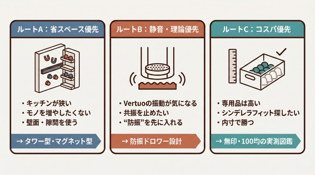 収納の最適解を3ルートで提示。Aは省スペース（タワー・マグネット）、Bは静音重視（ドロワー＋防振）、Cはコスパ（無印・100均の代用品）。