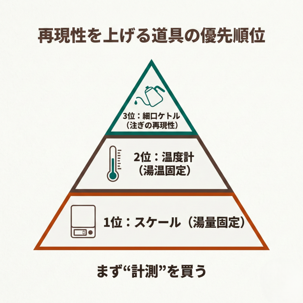 再現性を上げる道具の優先順位ピラミッド。最重要はスケール（湯量固定）、次に温度計（湯温固定）、最後に細口ケトル（注ぎの再現性）を示す。