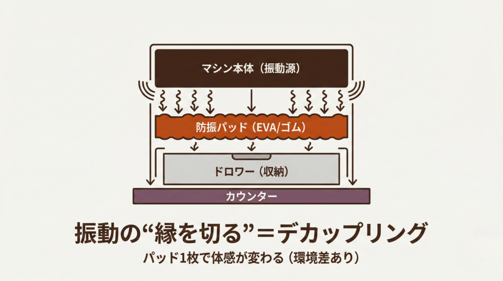 防振サンドイッチ構造：マシン→防振パッド→ドロワー→カウンターの順に重ね、振動の伝達を遮断する。