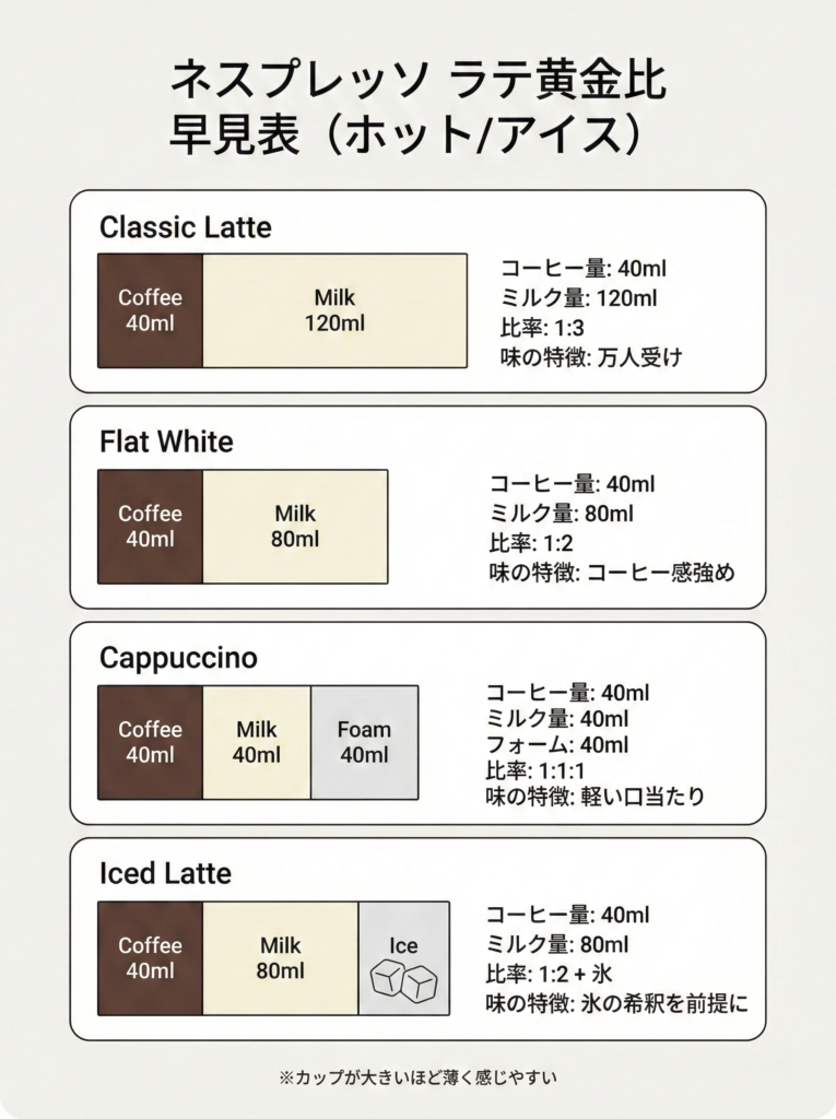 ネスプレッソのラテ黄金比早見表。エスプレッソ40mlに対してミルク80〜120mlなど、ホット/アイスの比率を一覧で整理した図解