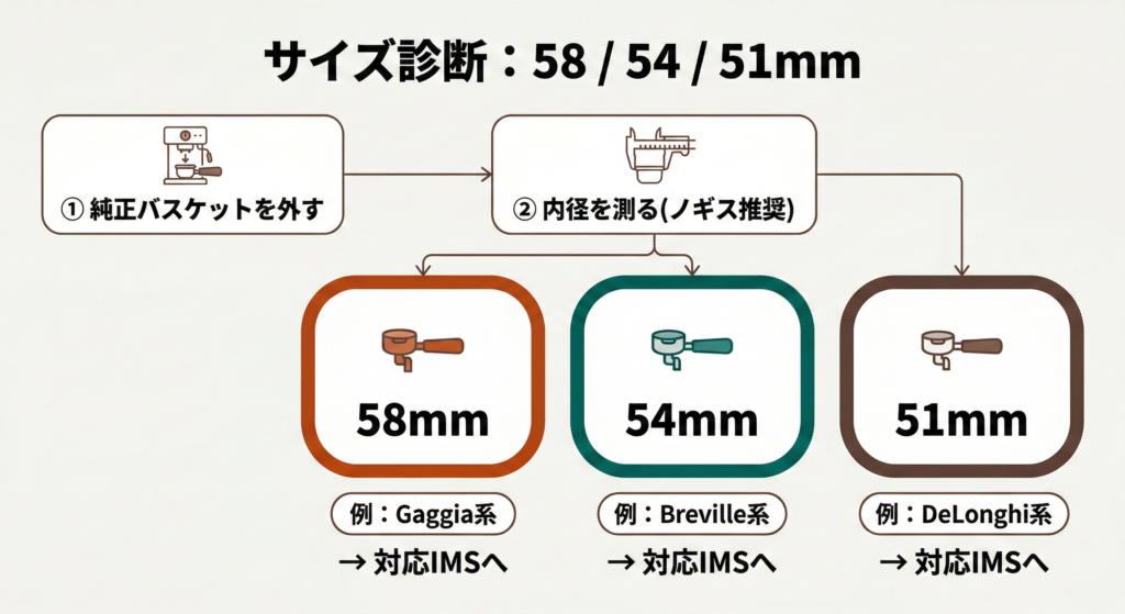 精密バスケットのサイズ診断フローチャート。①純正バスケットを外す→②内径を測る→③58mm・54mm・51mmに分岐して対応IMSへ進む。
