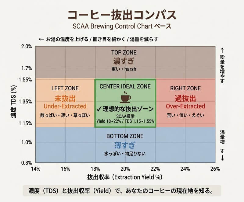 コーヒー抽出コンパス 味の方向性マップ