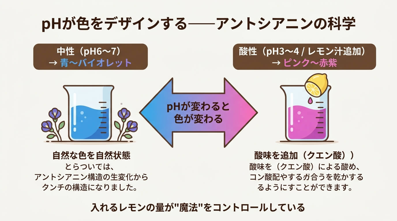 バタフライピーティーのpHによる色変化：アントシアニンの科学