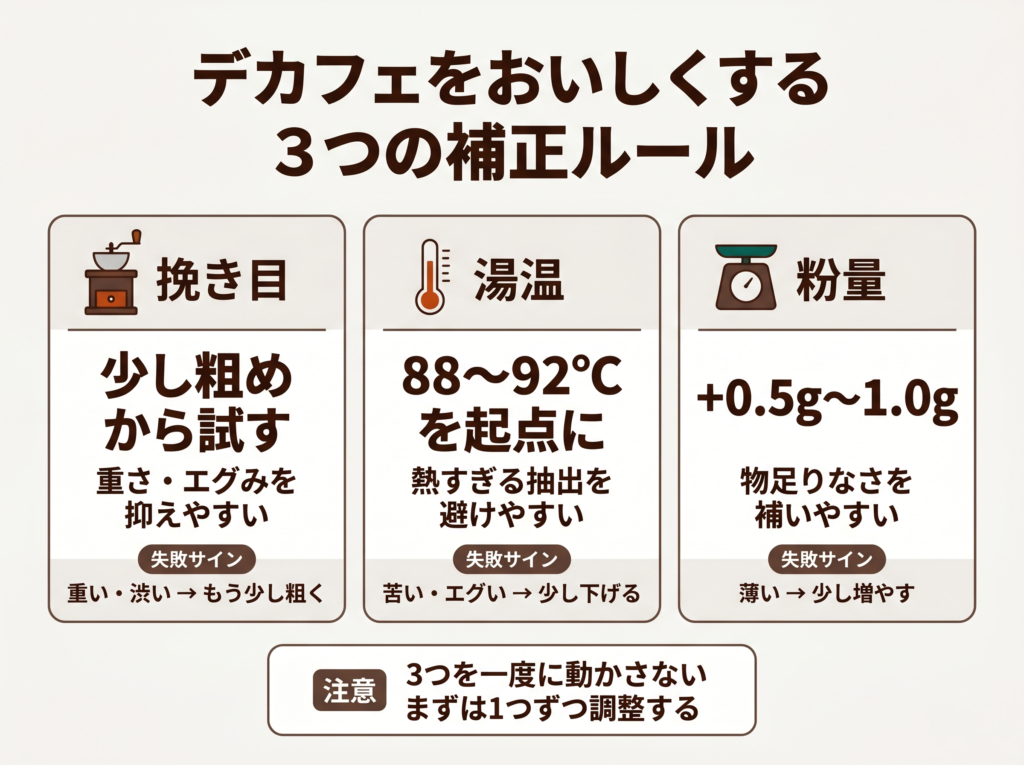 通常のコーヒーとデカフェで、どこをどう調整するか