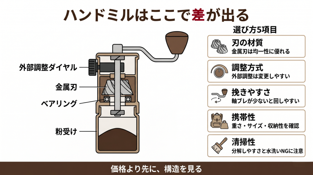 ハンドミルの断面図を使った図解。外部調整ダイヤル、金属刃、ベアリング、粉受けの位置と役割を示し、刃の材質、調整方式、挽きやすさ、携帯性、清掃性の5項目で選ぶポイントを説明している。