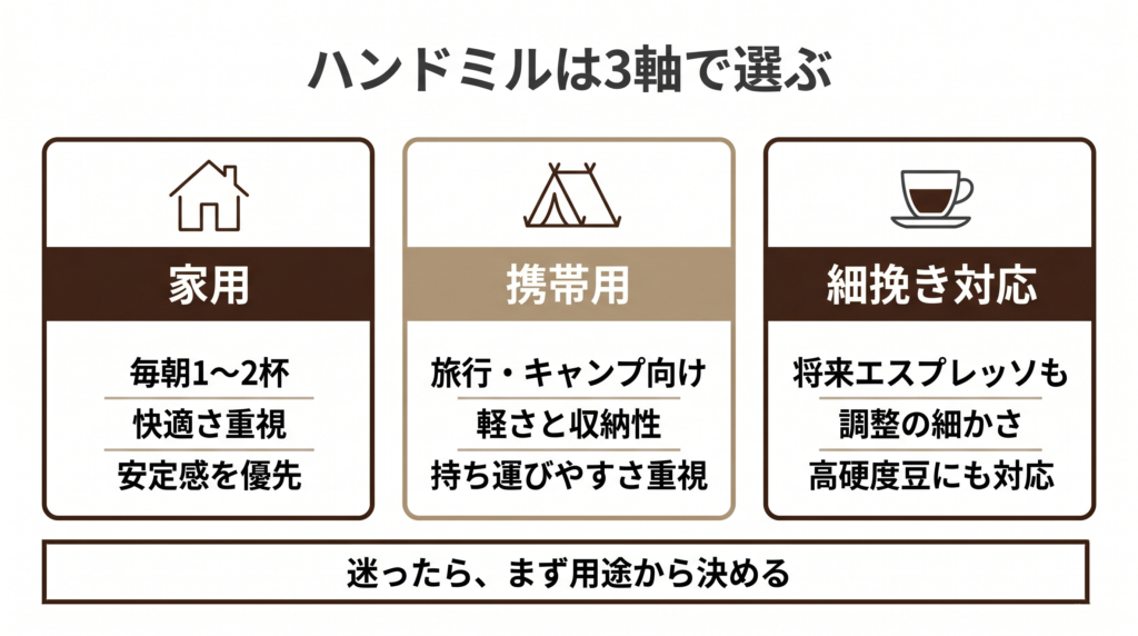 ハンドミルの選び方を示した図解。家用、携帯用、細挽き対応の3軸を並べ、毎朝1〜2杯、旅行・キャンプ、将来エスプレッソも視野など、用途から選ぶ流れを整理している。