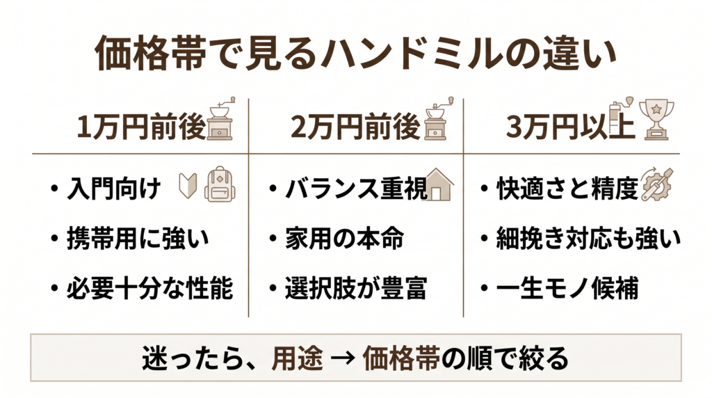 ハンドミルの価格帯比較表。1万円前後、2万円前後、3万円以上の3区分で、入門向け、家用の本命、快適さと精度重視などの特徴を整理し、用途のあとに価格帯で絞る考え方を示している。