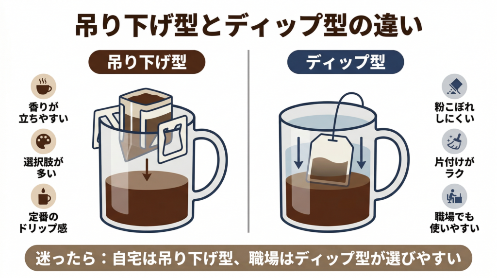 デカフェドリップバッグの吊り下げ型とディップ型を比較した図解。吊り下げ型は香りが立ちやすく選択肢が多い定番タイプ、ディップ型は粉こぼれしにくく片付けが楽で職場でも使いやすいタイプとして整理している。