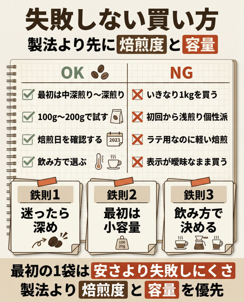 デカフェ豆選びで失敗しない買い方を示した図解。最初は中深煎り〜深煎りを選ぶ、100g〜200gで試す、焙煎日を確認するのが推奨。いきなり大容量を買う、初回から浅煎り個性派を選ぶなどは避けたい例として示している。