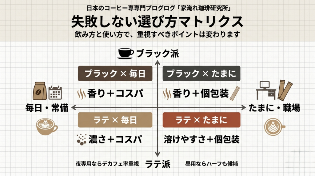 デカフェのインスタントの選び方を、ブラック派かラテ派か、毎日飲むか職場などでたまに飲むかの2軸で整理した図解。ブラック×毎日は香りとコスパ、ブラック×たまには香りと個包装、ラテ×毎日は濃さとコスパ、ラテ×たまには溶けやすさと個包装を重視すると分かる。