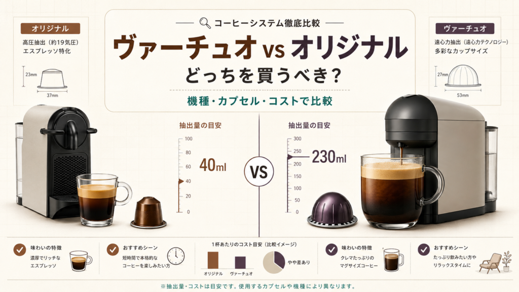 ネスプレッソ ヴァーチュオ vs オリジナル どっちを買うべきか比較インフォグラフィック（機種・カプセル・抽出量・コスト）