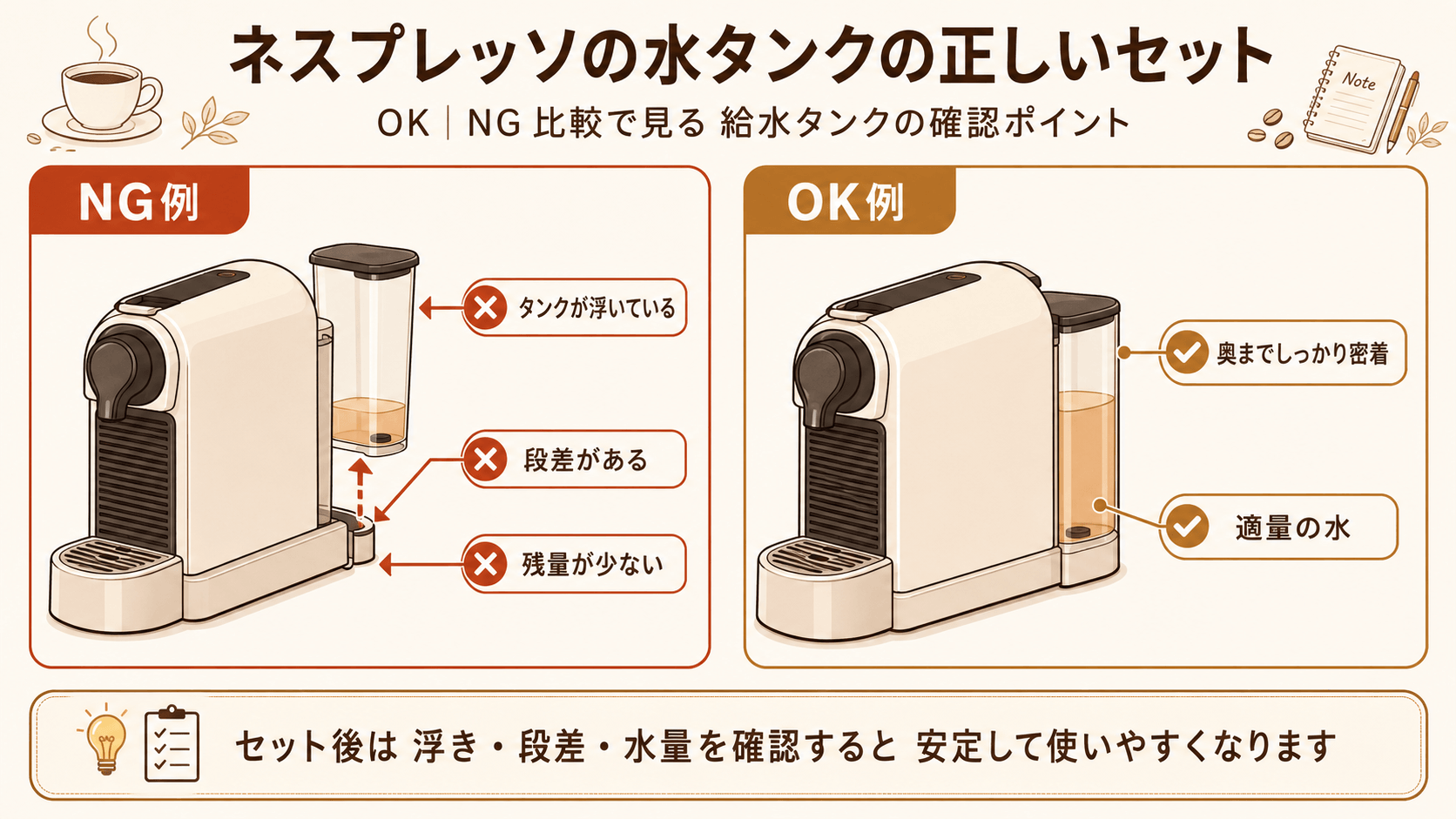 ネスプレッソの水タンクの正しいセットのOK-NG比較。NGはタンクの浮き・段差・残量不足、OKは奥まで密着し適量の水。