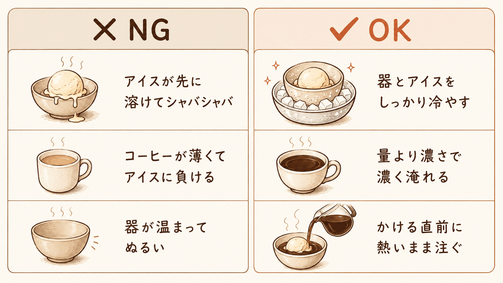 アフォガートのよくある失敗と対処のOK-NG対比図。アイスが先に溶けるは器とアイスを冷やすで対処、コーヒーが薄くて負けるは濃く淹れるで対処、器が温まるはかける直前に注ぐで対処