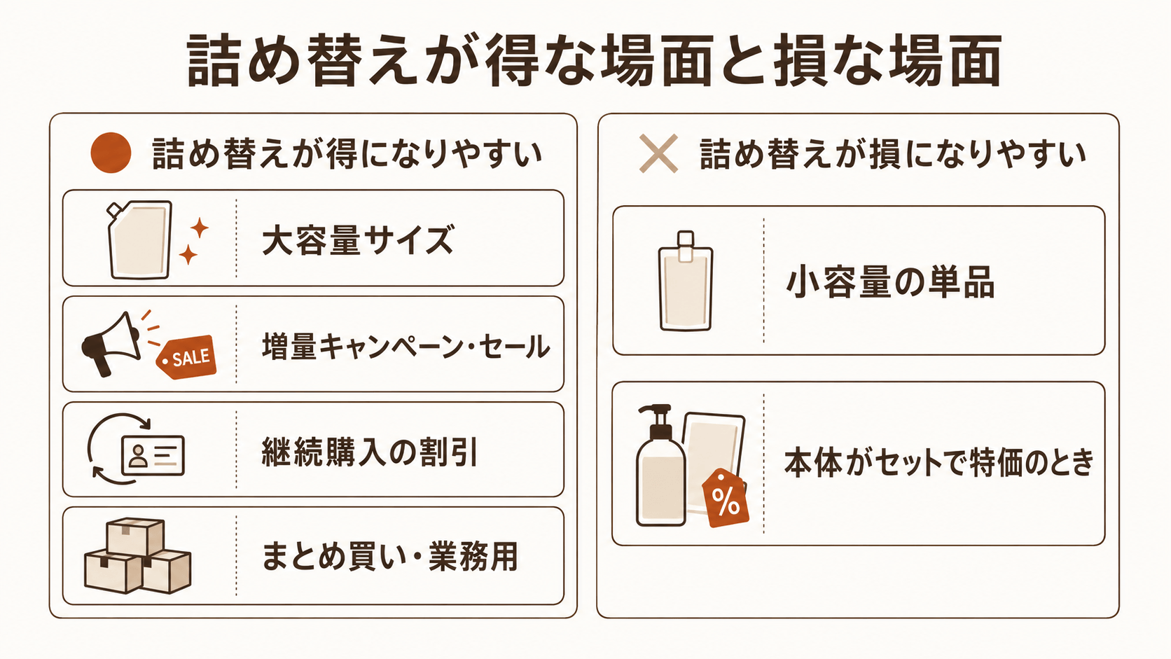 詰め替えが得な場面と損な場面を左右で対比したOK-NG図。得になりやすいのは大容量サイズ・増量キャンペーンやセール・継続購入の割引・まとめ買いや大袋、損になりやすいのは小容量の単品や本体がセットで特価のとき、と整理している。