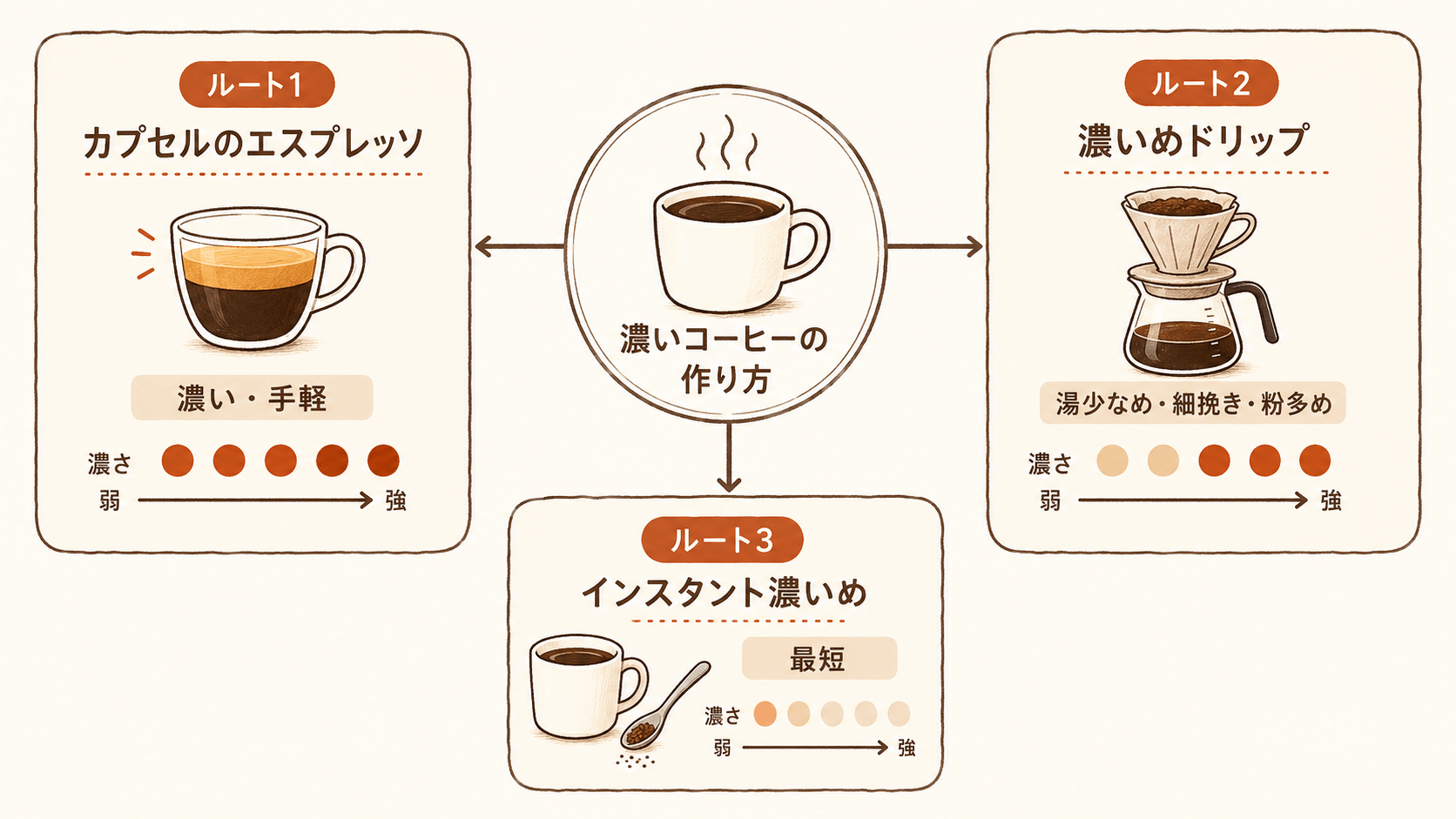 アフォガート用の濃いコーヒーを家庭で用意する3ルート分岐図。カプセルのエスプレッソは厚いクレマで手軽、濃いめドリップは湯少なめ細挽き粉多め、インスタント濃いめは最短ルート