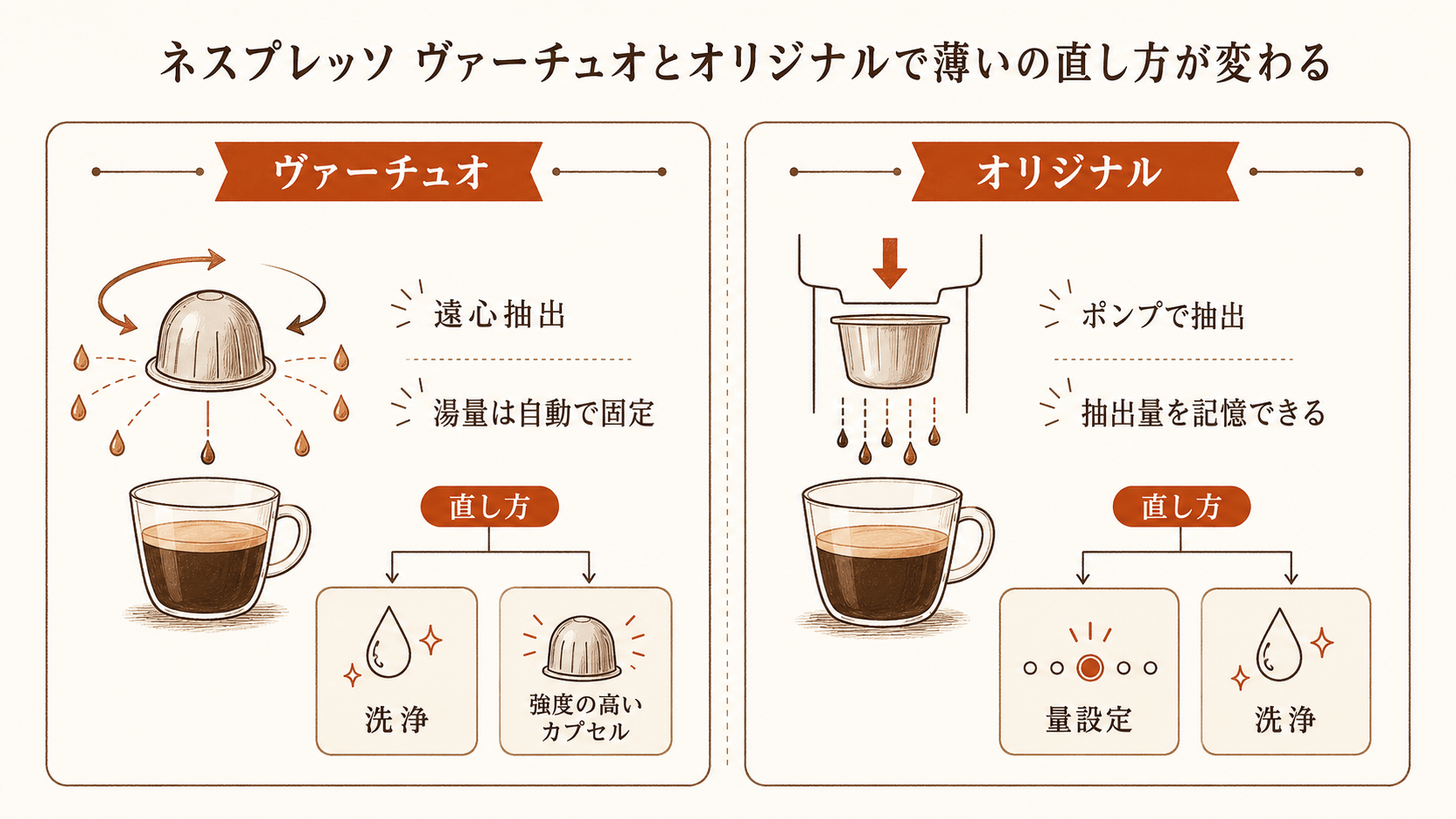 ヴァーチュオとオリジナルで薄いの直し方が変わる比較図。ヴァーチュオは遠心抽出で湯量が自動固定のため洗浄か強度の高いカプセル、オリジナルは抽出量を記憶できるため量設定か洗浄で直す。