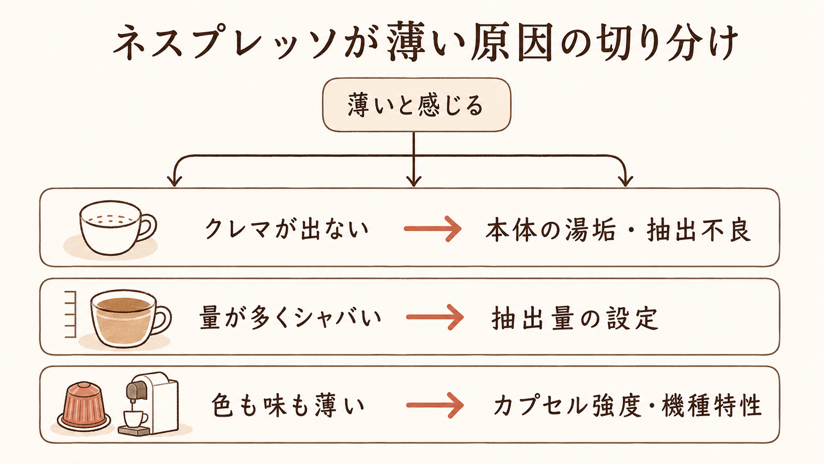ネスプレッソが薄い原因の切り分けフロー図。クレマが出ないなら本体の湯垢や抽出不良、量が多くシャバいなら抽出量の設定、色も味も薄いならカプセルの強度や機種特性を疑う。