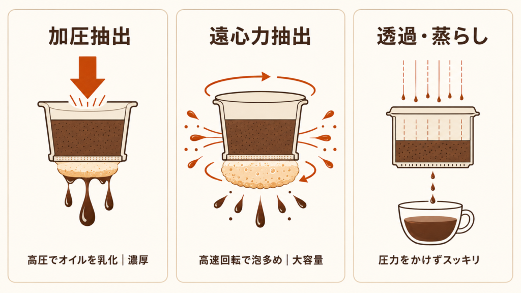 カプセルコーヒーの3つの抽出方式(加圧・遠心・透過)の仕組みの違いを示す概念図