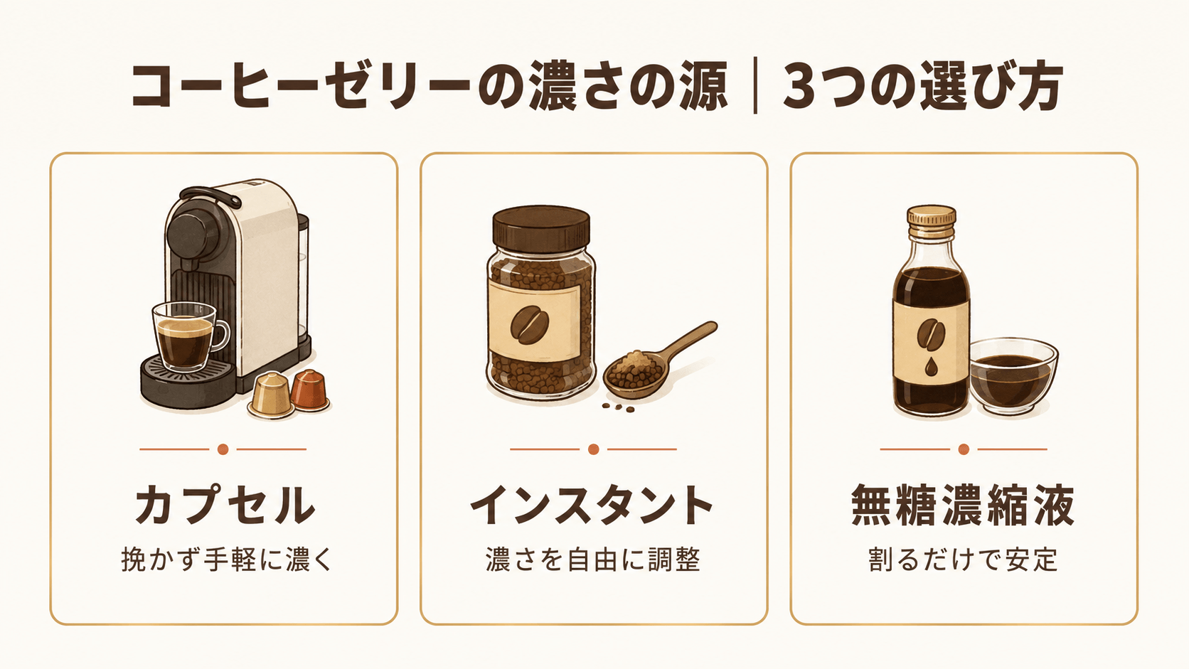 コーヒーゼリーに使う3つの濃さの源を並べたイラスト。カプセルは手軽、インスタントは濃さを自由に調整、市販の無糖濃縮液は割るだけで安定という特徴を、それぞれのイラストとひとことで示した選び方図