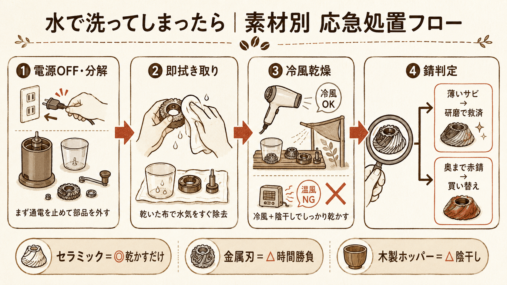 コーヒーミルを水で洗ってしまった時の素材別応急処置フロー。①電源を切り分解、②乾いた布で即拭き取り、③ドライヤーの冷風や陰干しで乾燥(温風はNG)、④錆を判定し薄いサビは研磨で救済・奥まで赤錆なら買い替え。セラミック刃は乾かすだけ、金属刃は時間勝負、木製ホッパーは陰干しが目安。