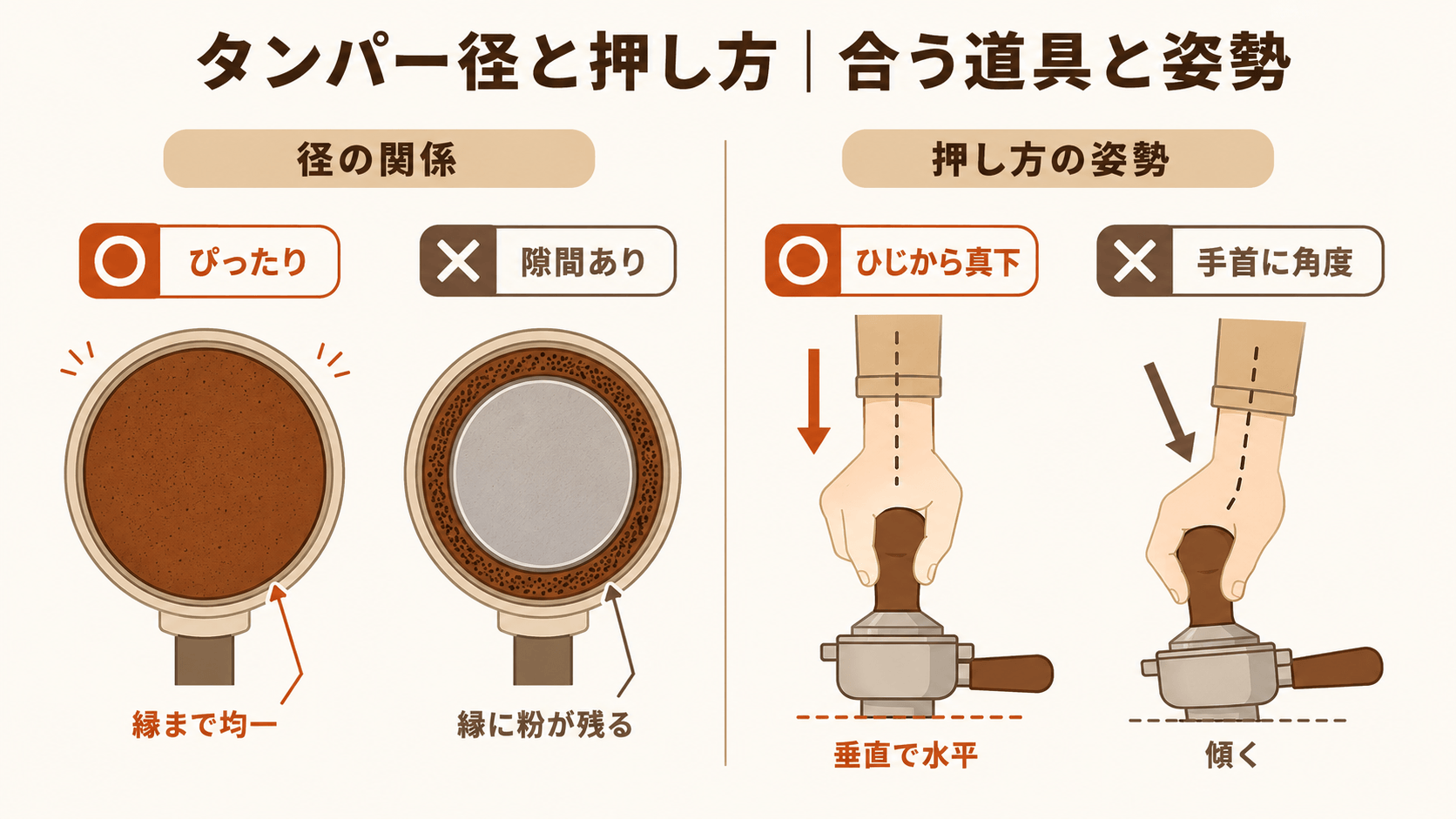 タンパー径とバスケット内径がぴったり合う場合と隙間がある場合の縁残りの違い、および手首の角度がついて傾く仕組みを対比した概念図