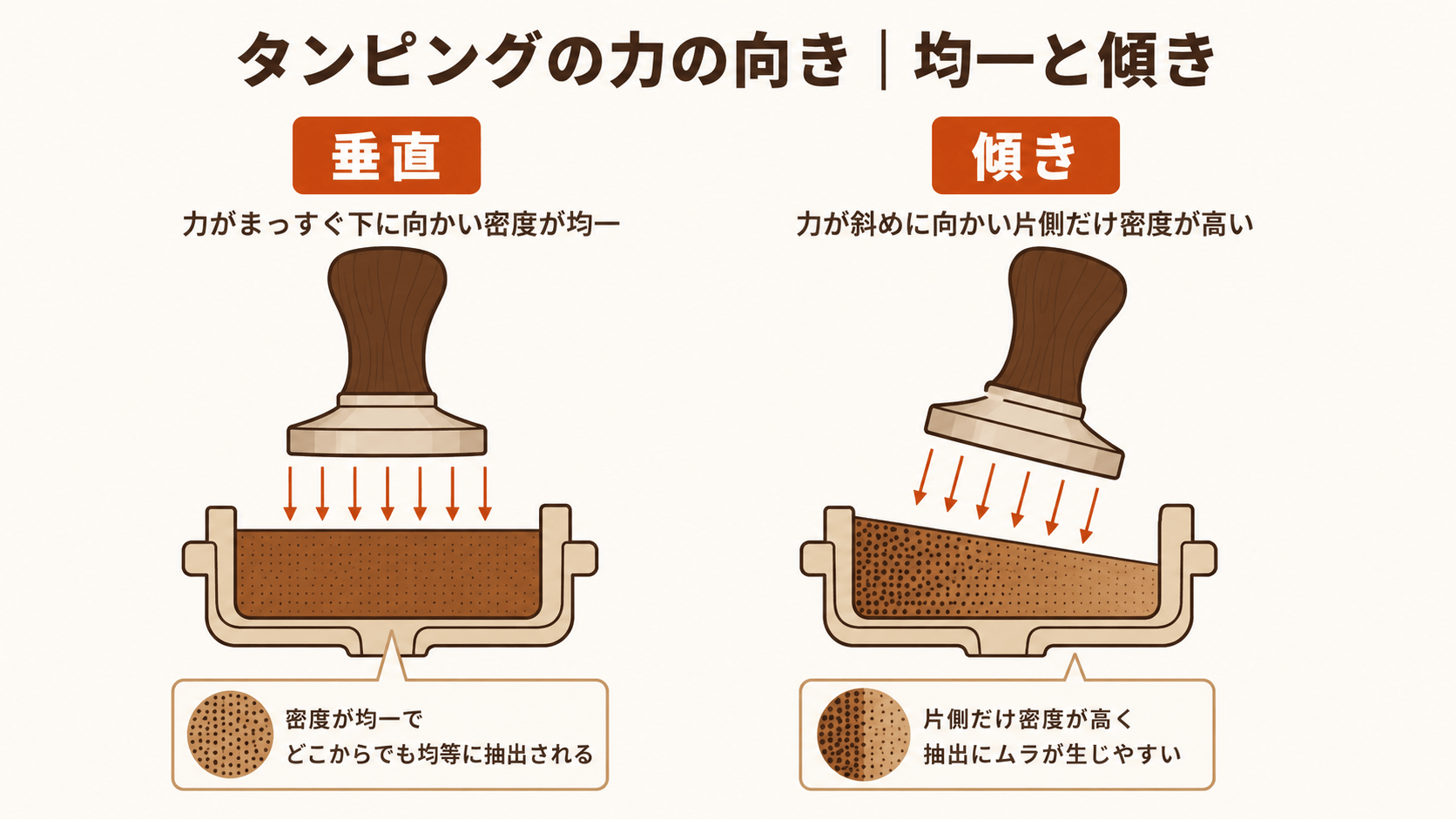 タンパーを垂直に下ろすと密度が均一になり、傾けて下ろすと片側だけ密度が高くなる仕組みを、力の方向の矢印で対比した概念図