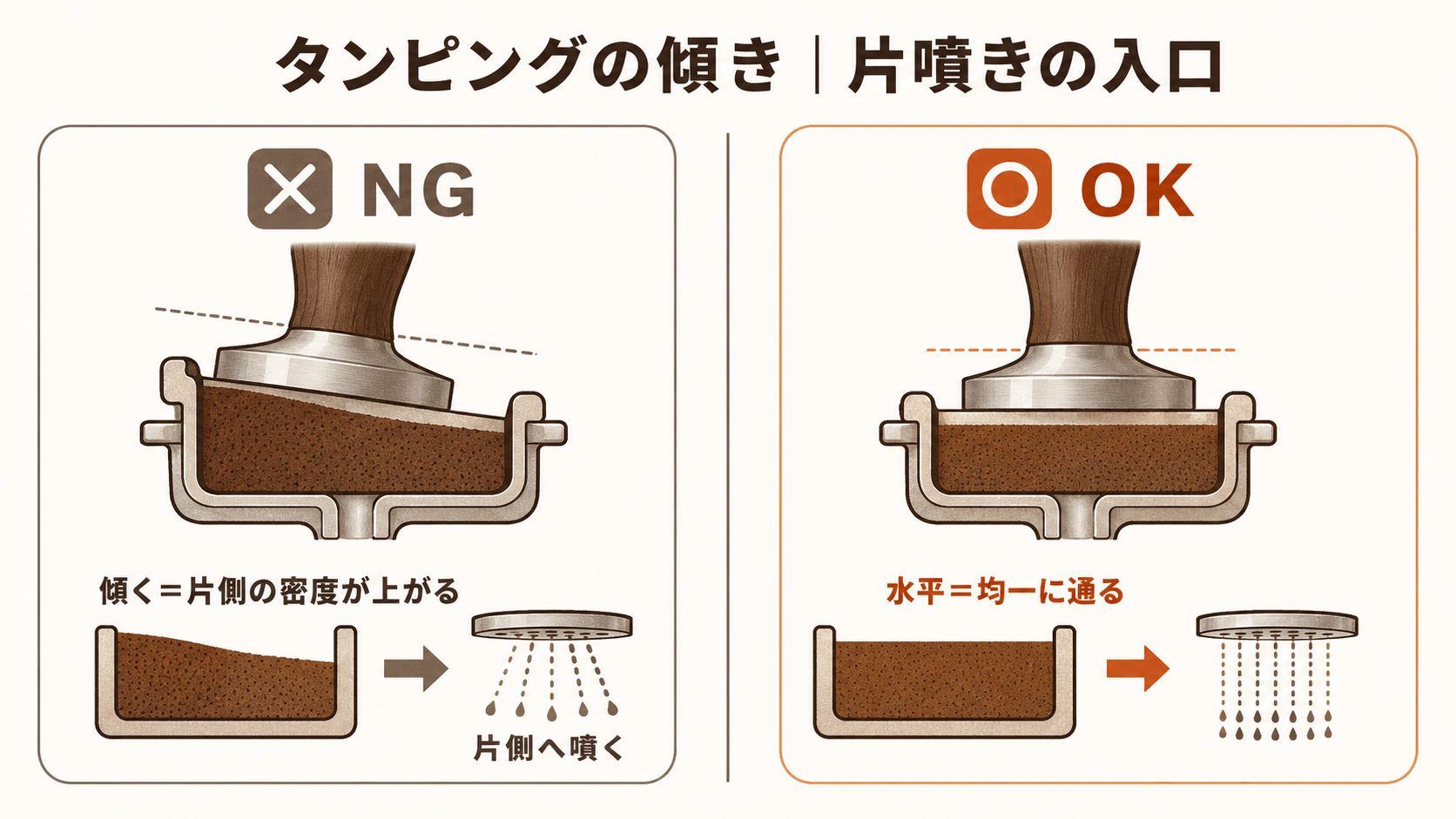 傾いたタンピングで片側の密度が上がり片噴きにつながるNGと、水平なタンピングで密度が均一になるOKを断面で対比した概念図