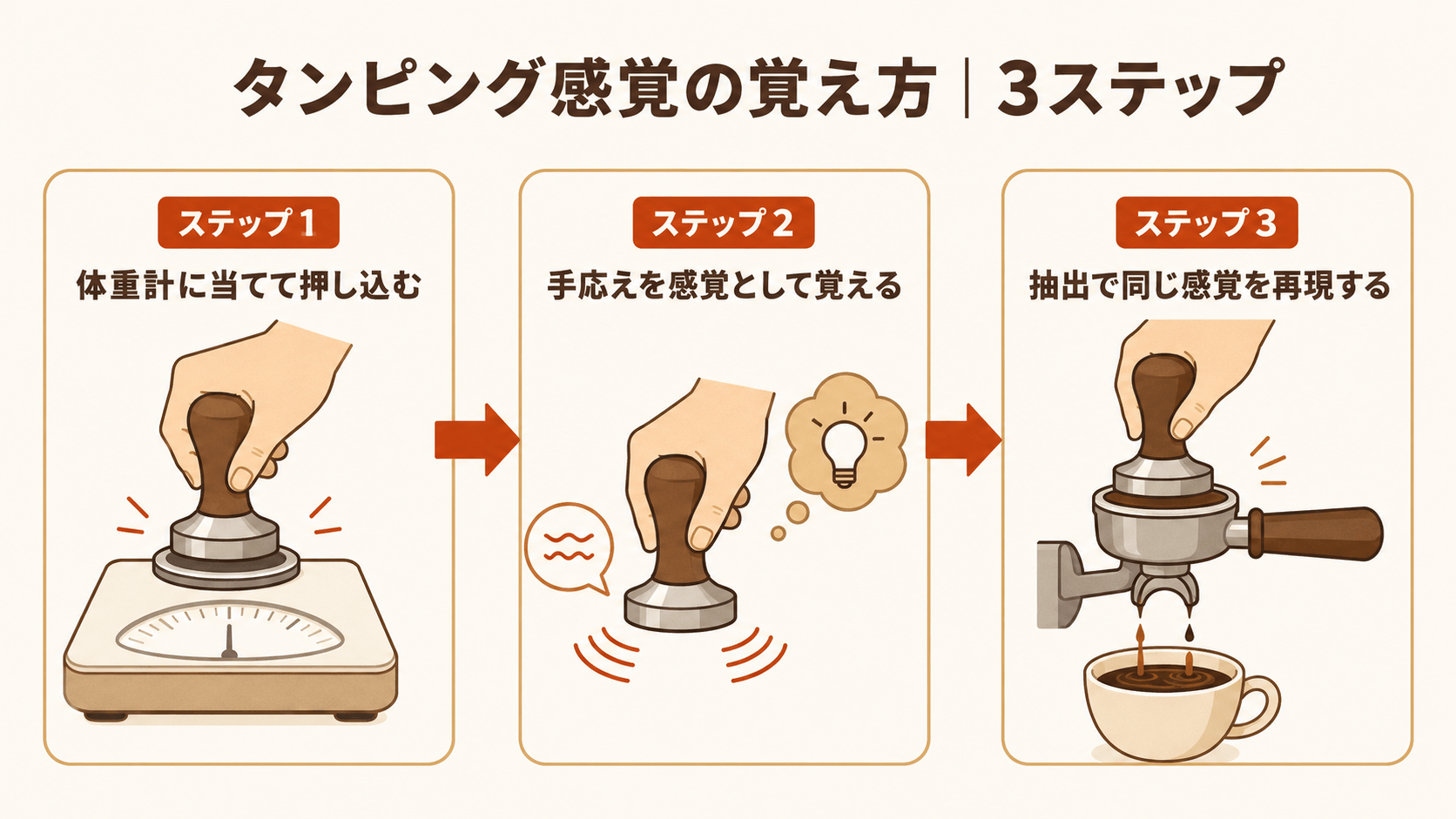 体重計にタンパーを当てて押し込み、その手応えを感覚として覚え、抽出のときに同じ感覚を再現する3ステップの較正プロセス図