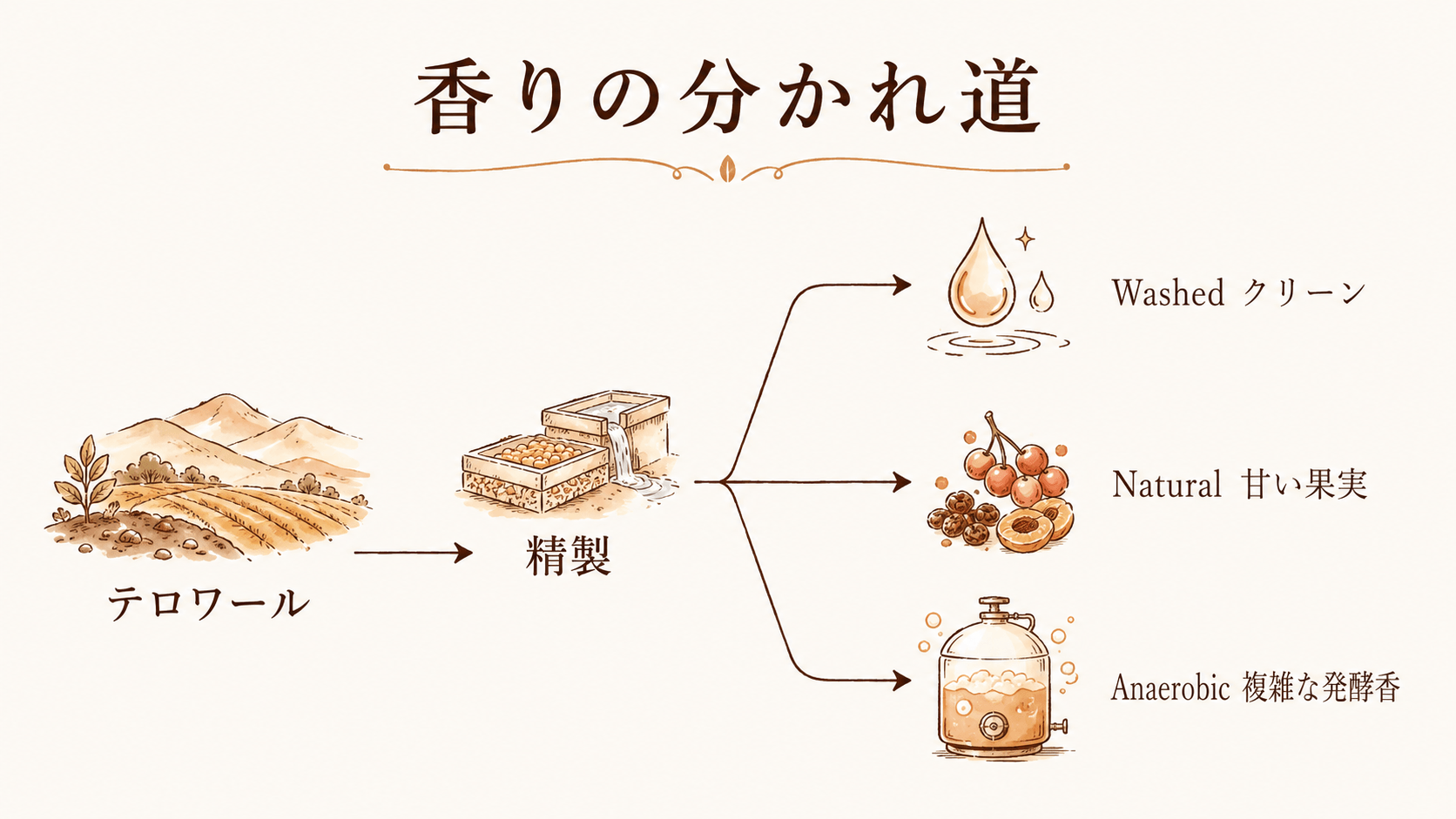 コーヒーの香りが決まる流れを示す樹形図。テロワールから精製へ進み、Washedはクリーン、Naturalは甘い果実、Anaerobicは複雑な発酵香へと枝分かれする。