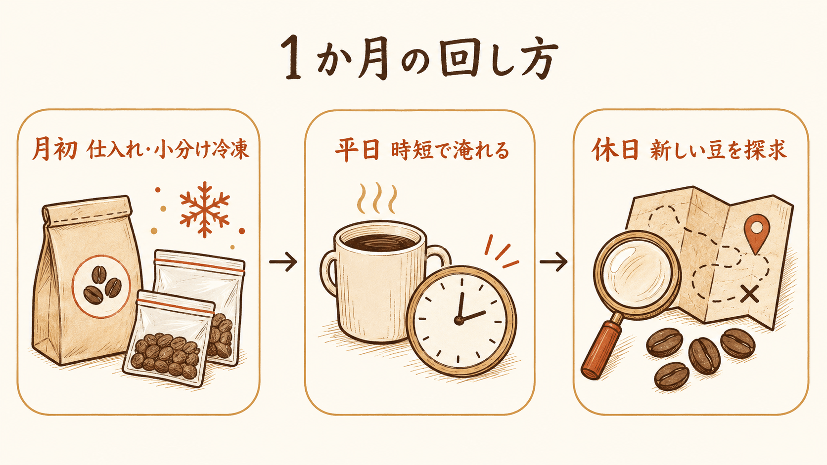 家カフェを1か月で回すプロセス図。月初に仕入れと小分け冷凍、平日は時短で淹れ、休日は新しい豆を探求する流れを時系列で示す。