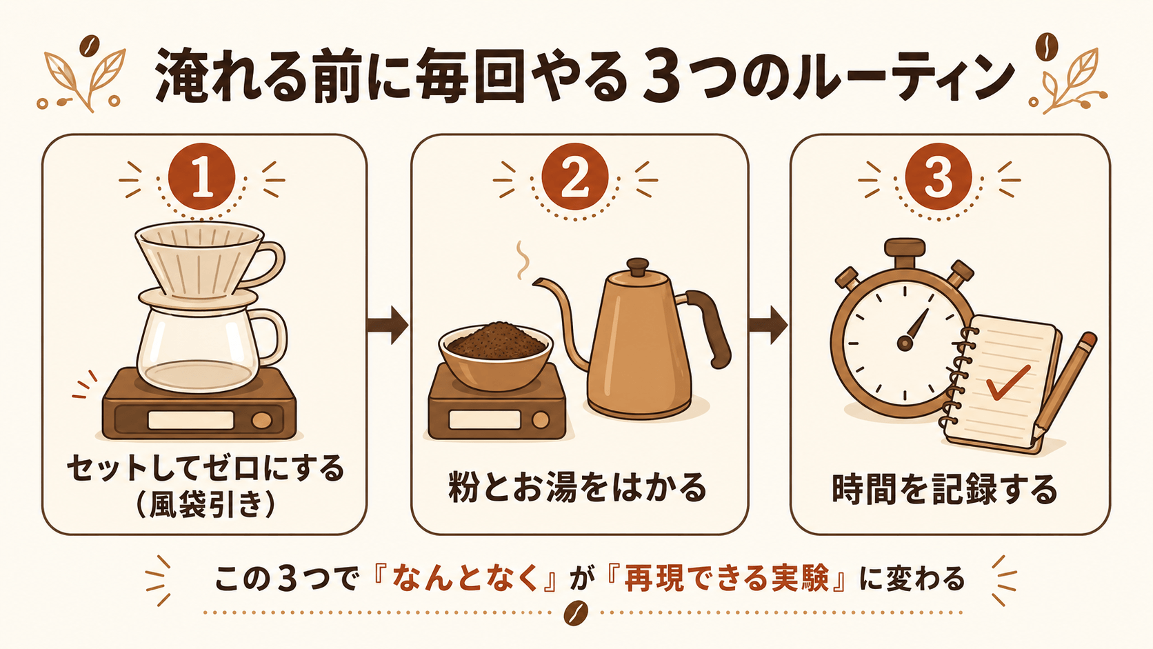 淹れる前に毎回やる3つのルーティンを左から右への流れで示したプロセス図。1セットしてゼロにする、2粉とお湯をはかる、3時間を記録する、の3ステップ